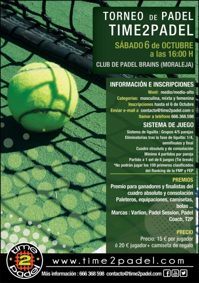 Torneo de Pádel sábado 6 de Octubre. Masc, Fem y Mixto. Club Brains| Noticias y novedades del mundo del pádel